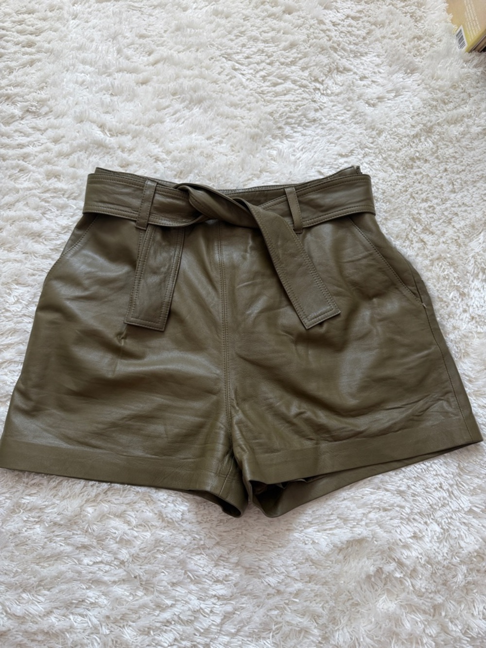 INTERMIX Olive High-Waist Faux Leather Tie-Belt Shorts